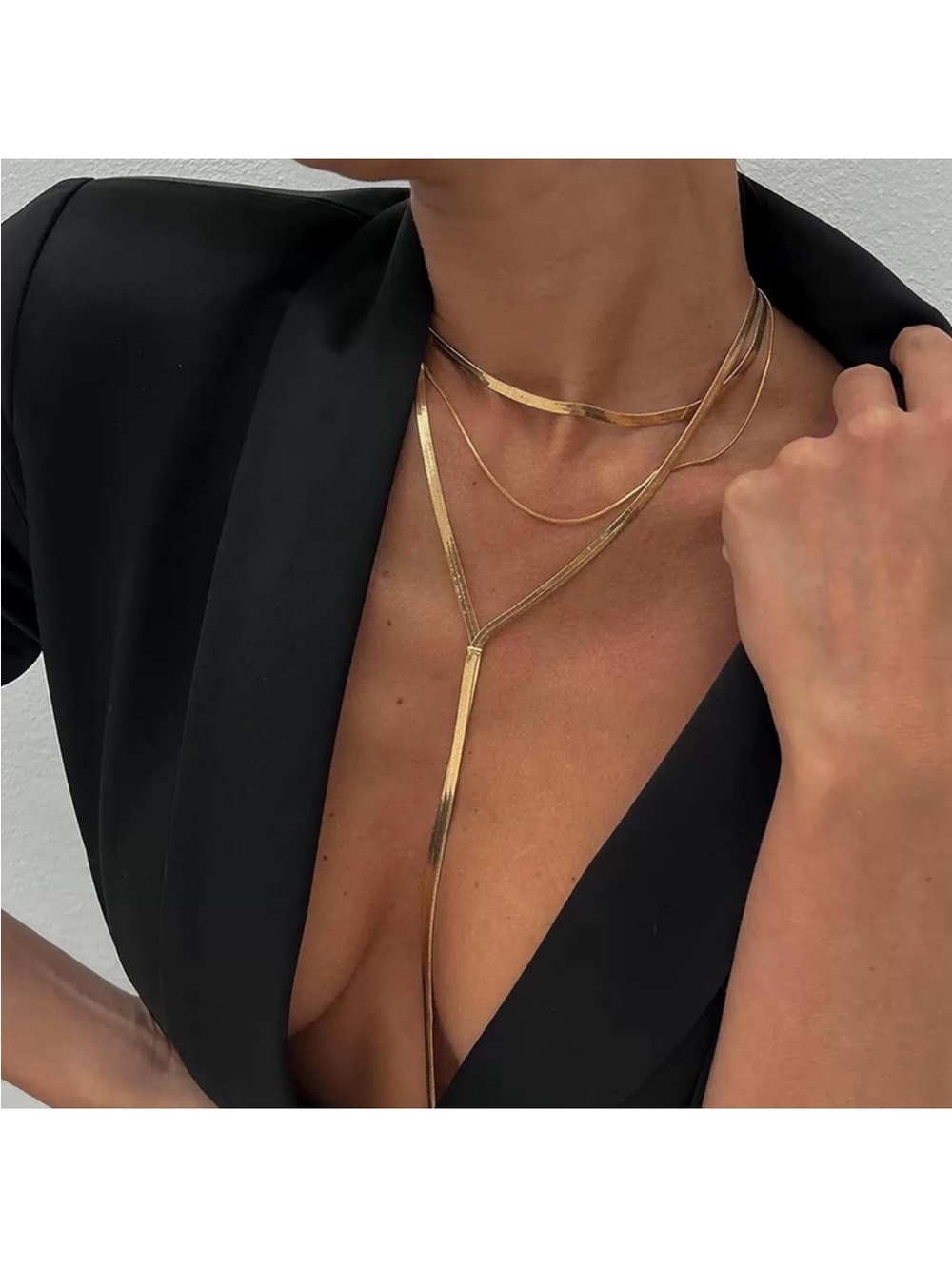 24k Gold Plated Lariat Layered Herringbone Necklace new